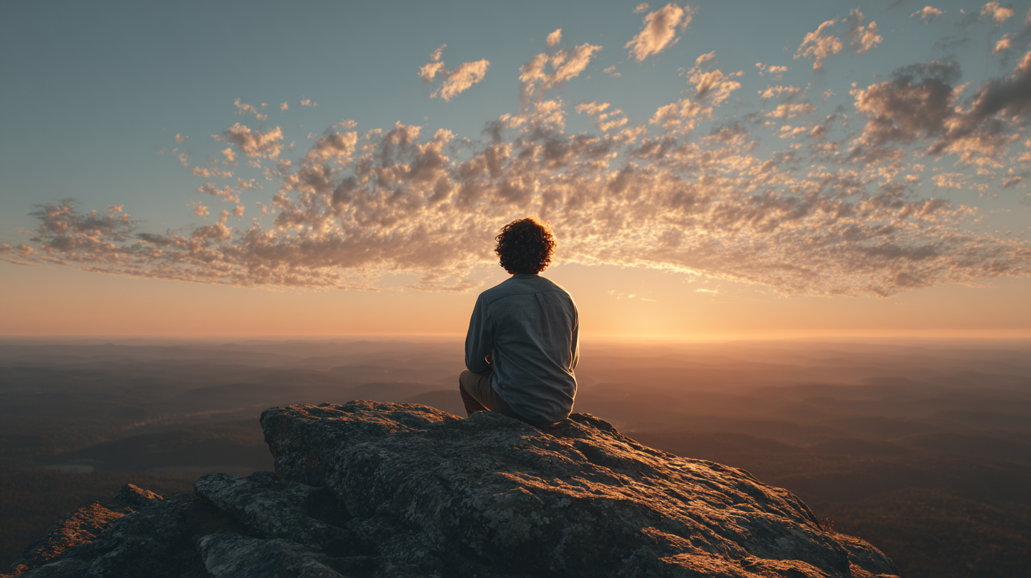 man contemplating trauma on a mountain